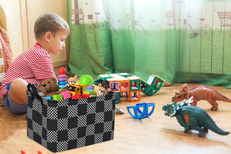 ESSME Rectangular Boys Basket,Kids Storage Basket with Handles for Room Decor,Car Storage Bin（Black grid） - Image 3